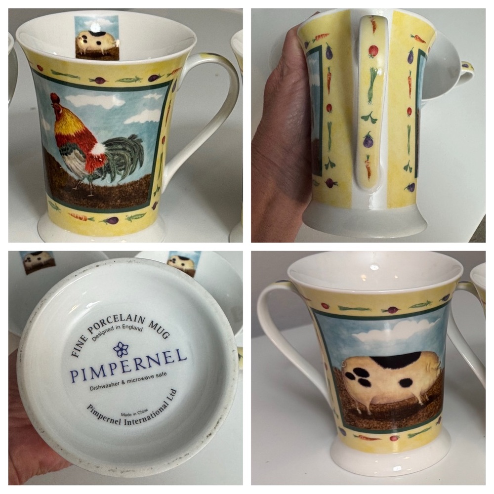 Set of 3 Pimpernel Fine Porcelain mugs featuring a rooster & pig design